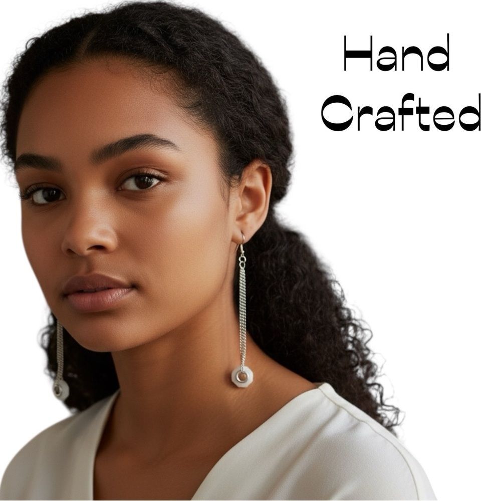 Hand Crafted White Clear Glass Silver Chain Dangle Earrings NWT